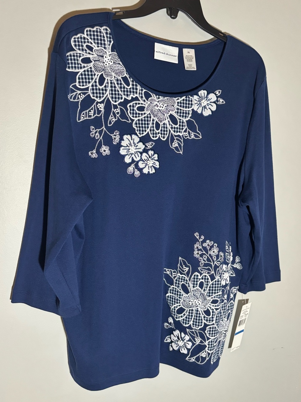 Alfred Dunner Bon Voyage Floral Embroidered Beaded Top Blue XL NWT